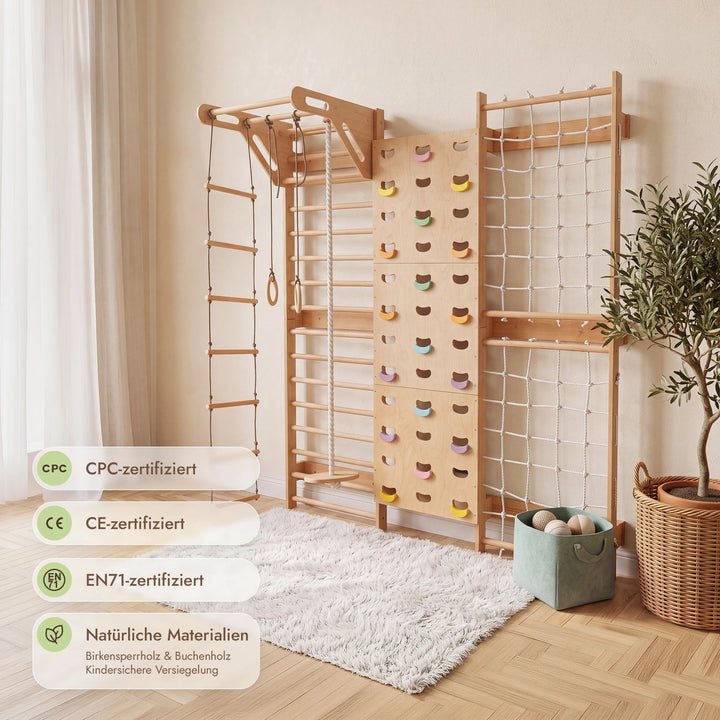 7-in-1 Kletterwand fürs Kinderzimmer mit Sprossenwand, Kletternetz, Klimmzugstange & (3in1) Kinderschaukel-Set - Goodevas DE