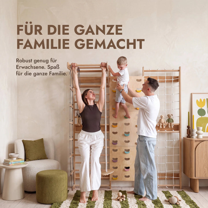 7-in-1 Kletterwand fürs Kinderzimmer mit Sprossenwand, Kletternetz, Klimmzugstange & (3in1) Kinderschaukel-Set - Goodevas DE