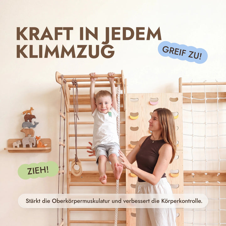 7-in-1 Kletterwand fürs Kinderzimmer mit Sprossenwand, Kletternetz, Klimmzugstange & (3in1) Kinderschaukel-Set - Goodevas DE