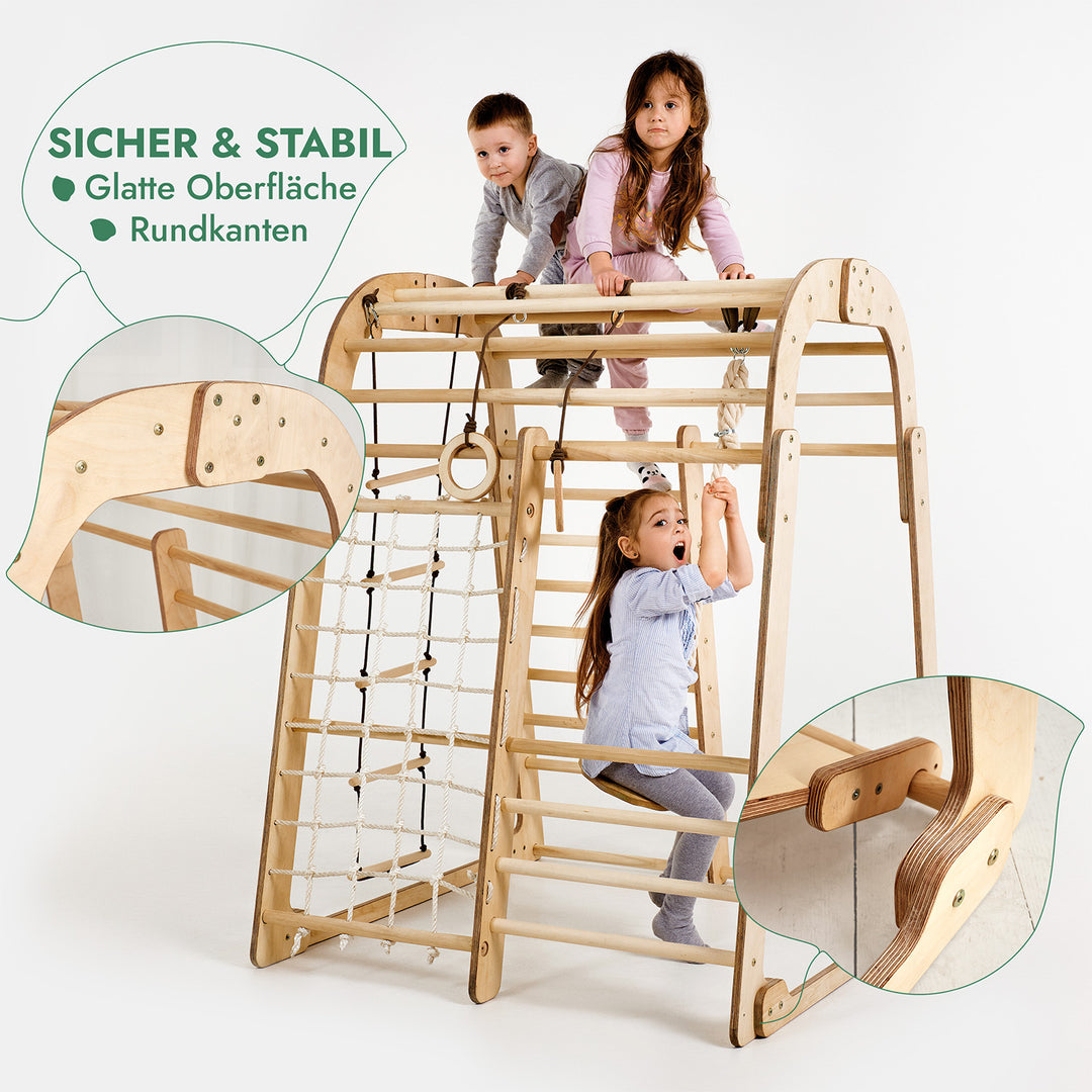 6in1 Indoor Spielplatz für Kinder: Klettergerüst mit Kletternetz, Rutsche, Gymnastikringe, Hängende Leiter und Disc-Schaukel – Beige