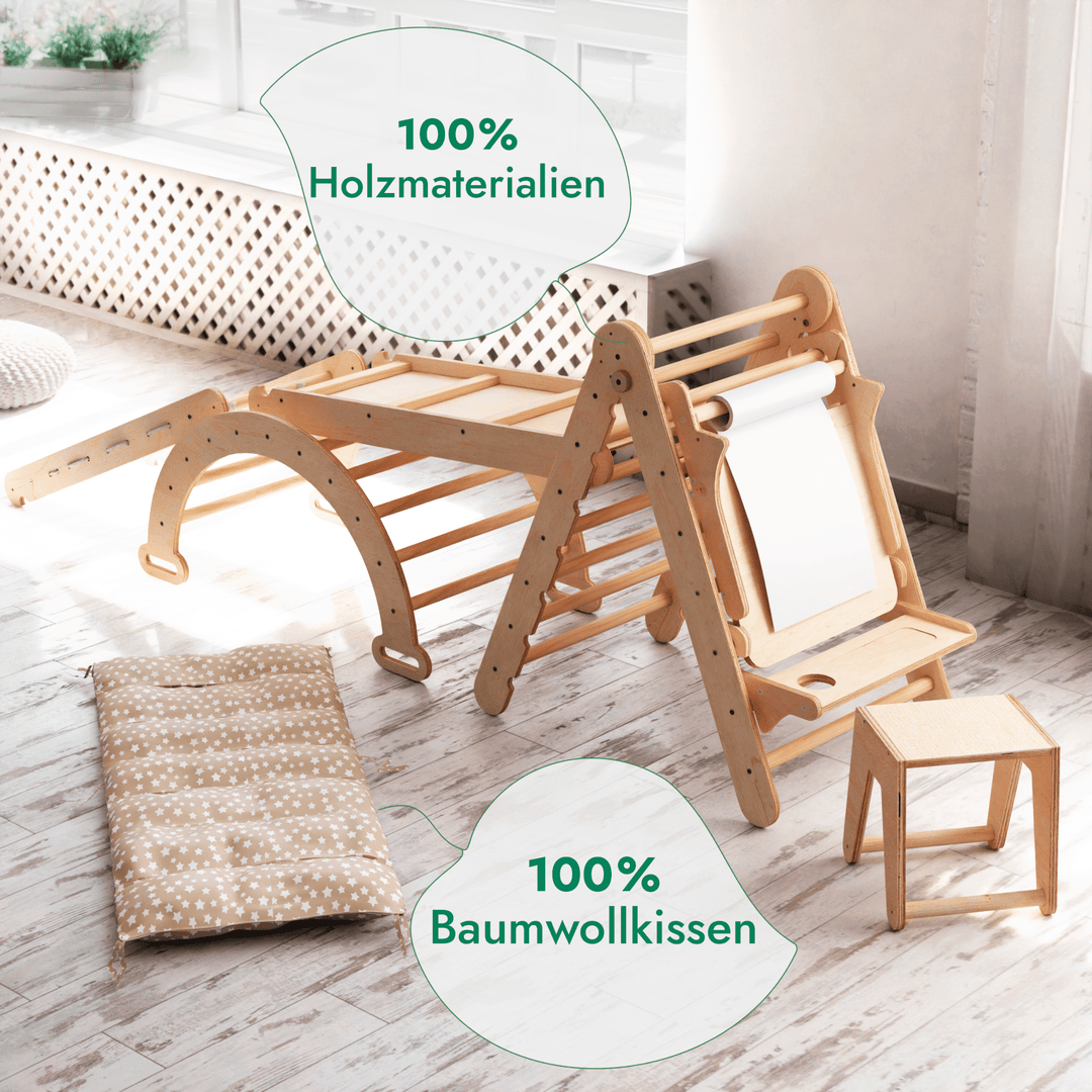 7in1 Montessori Klettergerüst Set: Kletterdreieck, Kletterbogen mit Kissen, Rutsche, Kletternetz, Maltafel und Kinderstuhl, für Kinder 1 - 7 Jahre – Beige - Goodevas DE