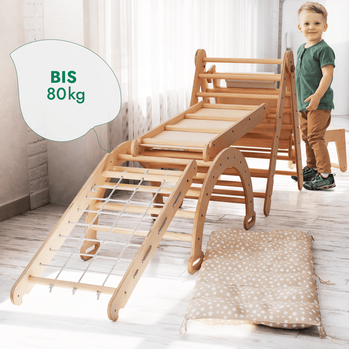 7in1 Montessori Klettergerüst Set: Kletterdreieck, Kletterbogen mit Kissen, Rutsche, Kletternetz, Maltafel und Kinderstuhl, für Kinder 1 - 7 Jahre – Beige - Goodevas DE