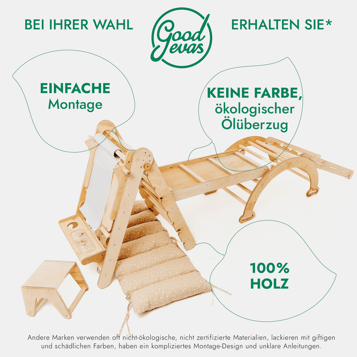 7in1 Montessori Klettergerüst Set: Kletterdreieck, Kletterbogen mit Kissen, Rutsche, Kletternetz, Maltafel und Kinderstuhl, für Kinder 1 - 7 Jahre – Beige - Goodevas DE