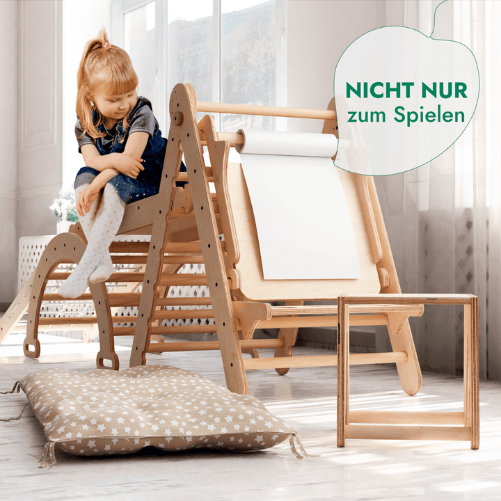 7in1 Montessori Klettergerüst Set: Kletterdreieck, Kletterbogen mit Kissen, Rutsche, Kletternetz, Maltafel und Kinderstuhl, für Kinder 1 - 7 Jahre – Beige - Goodevas DE