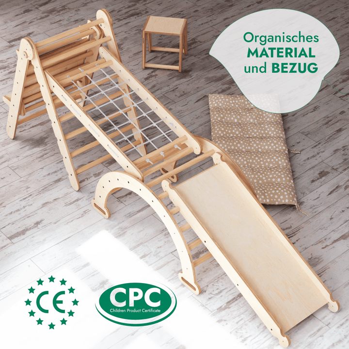 7in1 Montessori Klettergerüst Set: Kletterdreieck, Kletterbogen mit Kissen, Rutsche, Kletternetz, Maltafel und Kinderstuhl, für Kinder 1 - 7 Jahre – Beige - Goodevas DE