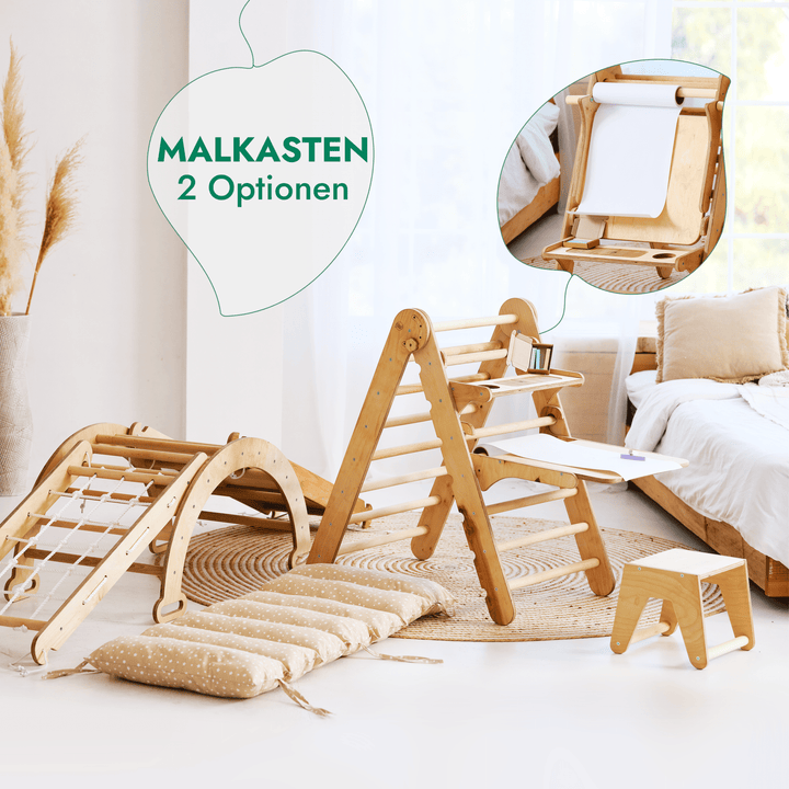 7in1 Montessori Klettergerüst Set: Kletterdreieck, Kletterbogen mit Kissen, Rutsche, Kletternetz, Maltafel und Kinderstuhl, für Kinder 1 - 7 Jahre – Beige - Goodevas DE