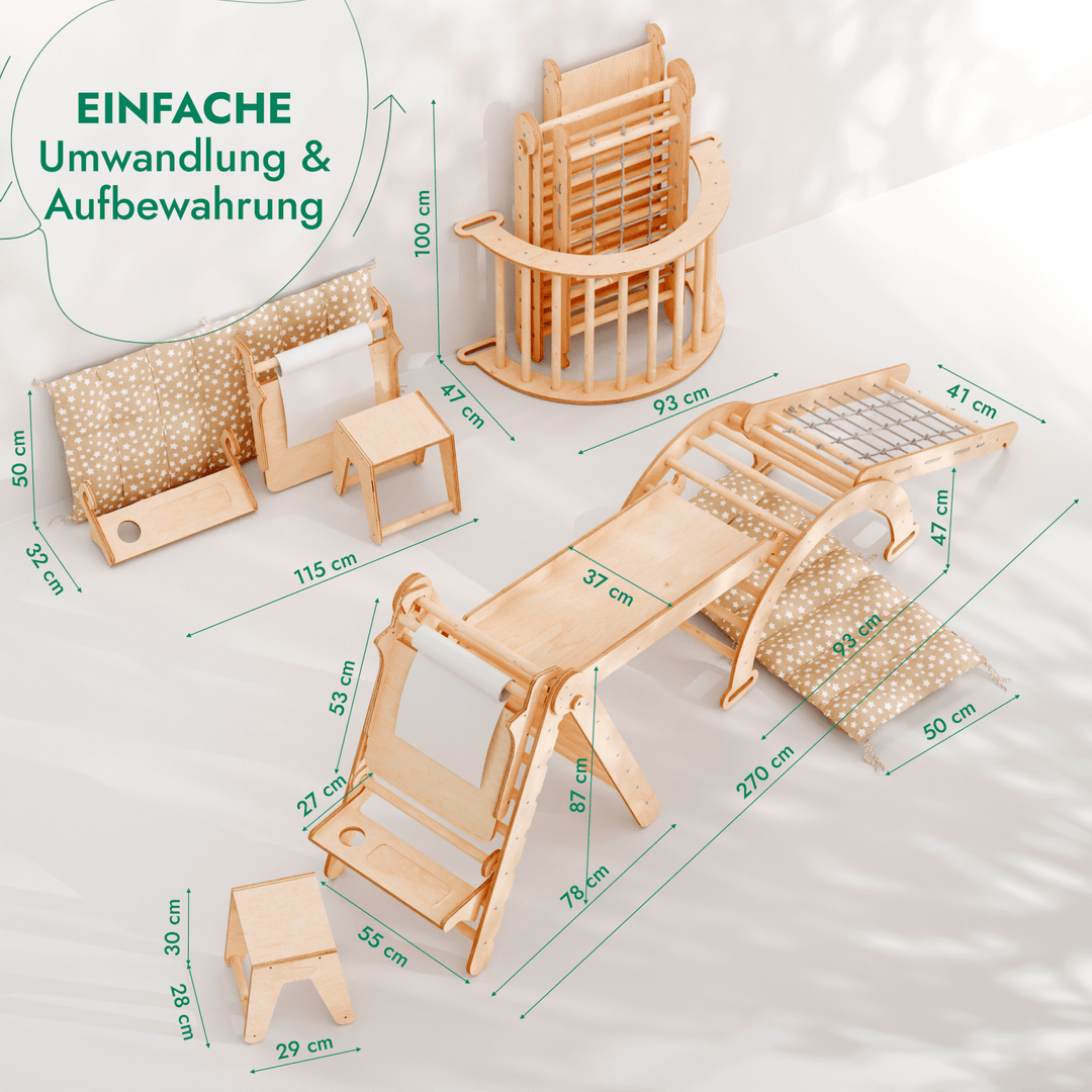 7in1 Montessori Klettergerüst Set: Kletterdreieck, Kletterbogen mit Kissen, Rutsche, Kletternetz, Maltafel und Kinderstuhl, für Kinder 1 - 7 Jahre – Beige - Goodevas DE