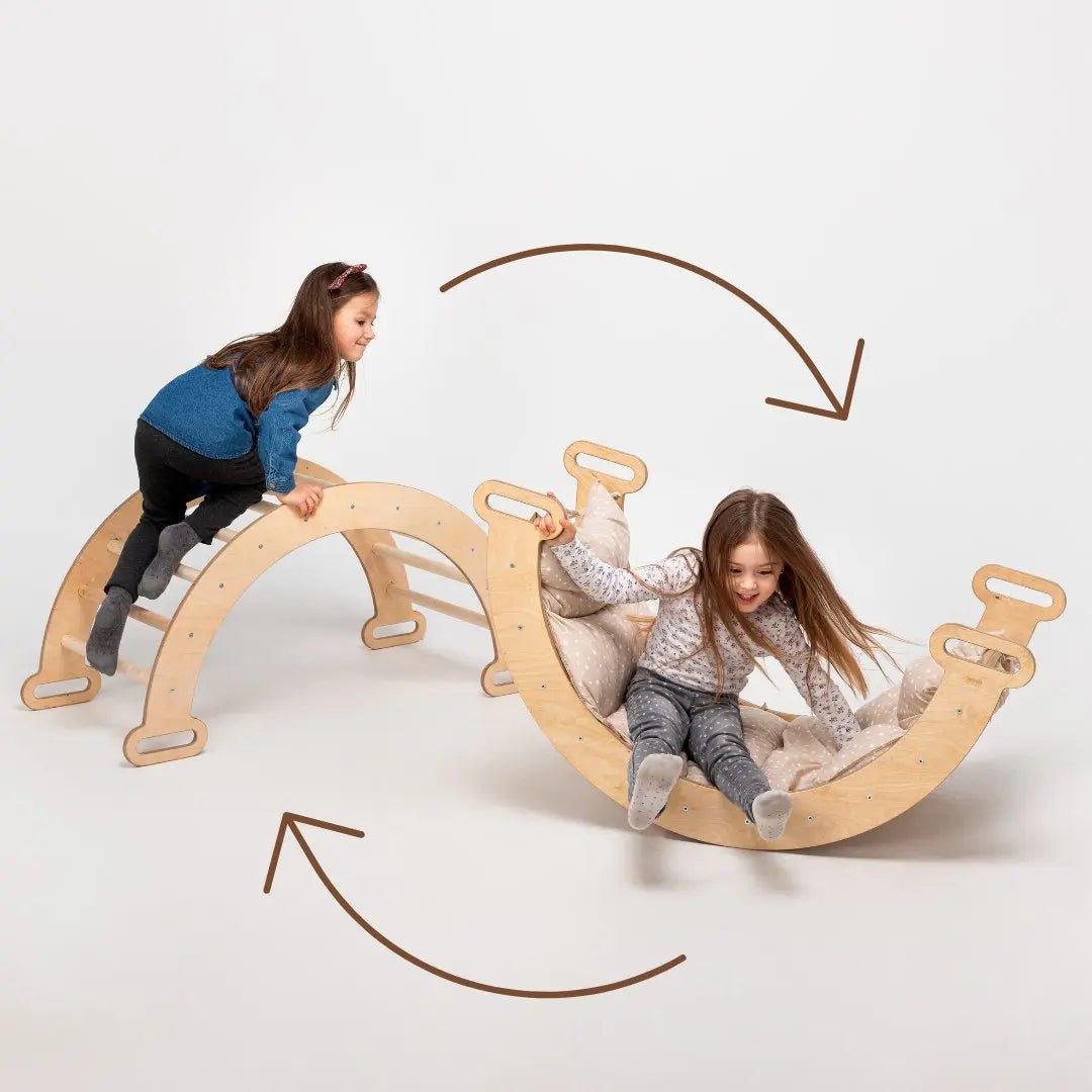 7in1 Montessori Klettergerüst Set: Kletterdreieck, Kletterbogen mit Kissen, Rutsche, Kletternetz, Maltafel und Kinderstuhl, für Kinder 1 - 7 Jahre – Beige - Goodevas Deutschland