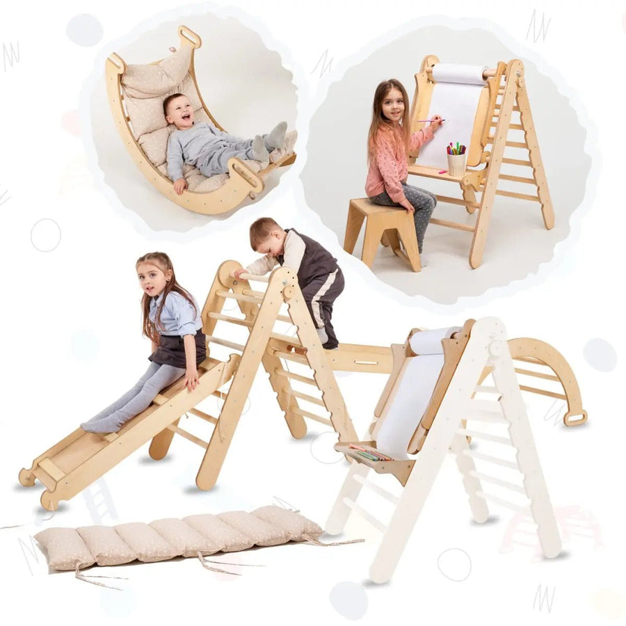 7in1 Montessori Klettergerüst Set: Kletterdreieck, Kletterbogen mit Kissen, Rutsche, Kletternetz, Maltafel und Kinderstuhl, für Kinder 1 - 7 Jahre – Beige - Goodevas Deutschland