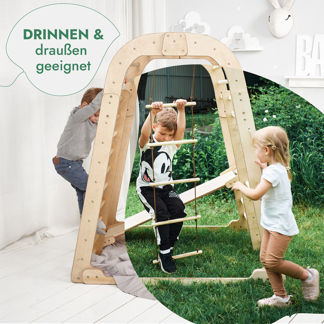 6in1 Indoor Spielplatz für Kinder: Klettergerüst mit Kletternetz, Rutsche, Gymnastikringe, Hängende Leiter und Disc-Schaukel – Beige