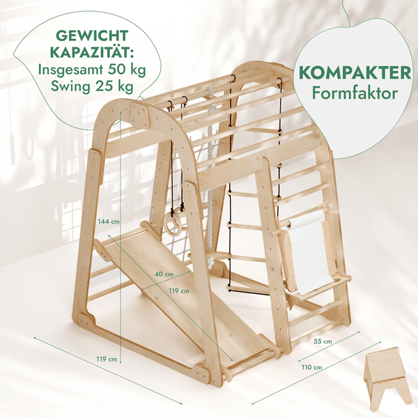 8in1 Indoor Spielplatz: Klettergerüst mit Kletternetz, Rutsche, Gymnastikringe, Hängende Leiter, Disc - Schaukel, Maltafel und Kinderstuhl – Beige - Goodevas Deutschland