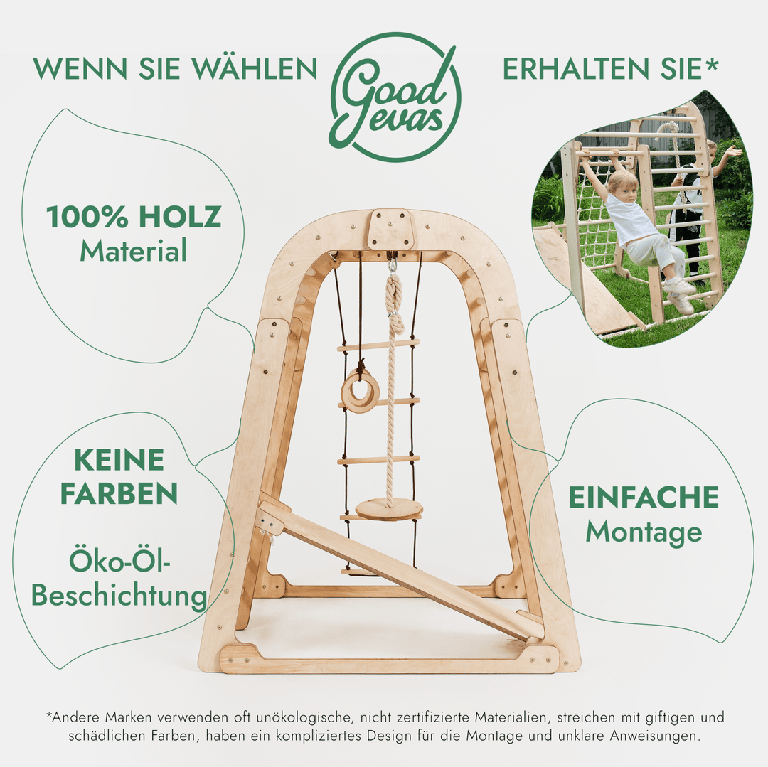 8in1 Indoor Spielplatz: Klettergerüst mit Kletternetz, Rutsche, Gymnastikringe, Hängende Leiter, Disc - Schaukel, Maltafel und Kinderstuhl – Beige - Goodevas Deutschland