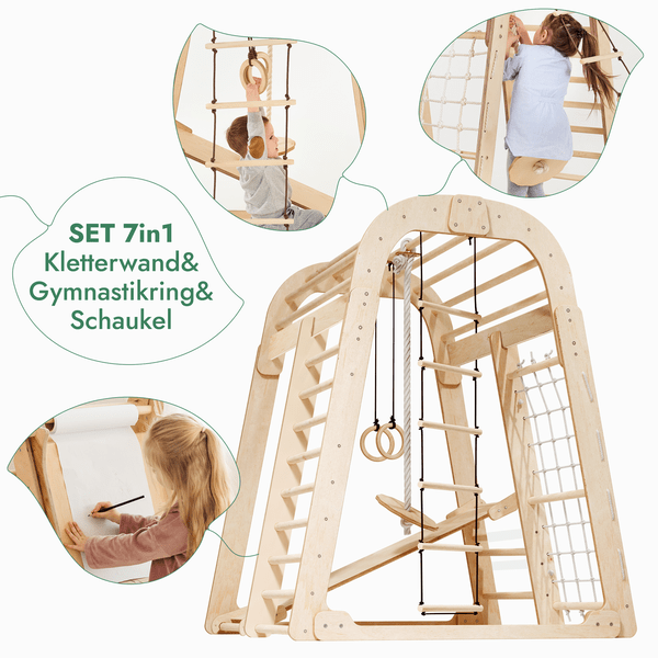 8in1 Indoor Spielplatz: Klettergerüst mit Kletternetz, Rutsche, Gymnastikringe, Hängende Leiter, Disc - Schaukel, Maltafel und Kinderstuhl – Beige - Goodevas Deutschland