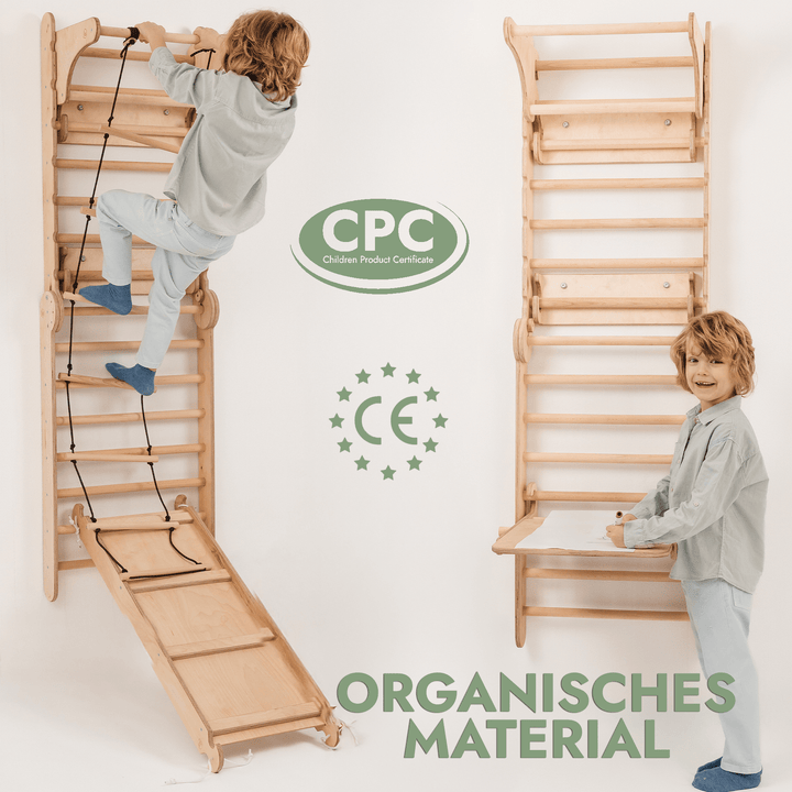 8in1 Kletterwand Indoor: Sprossenwand, Gymnastikringe, Hängende Leiter, Disc - Schaukel, Rutsche, Klimmzugstange, Maltafel und Kinderstuhl für Kinder – Beige - Goodevas Deutschland