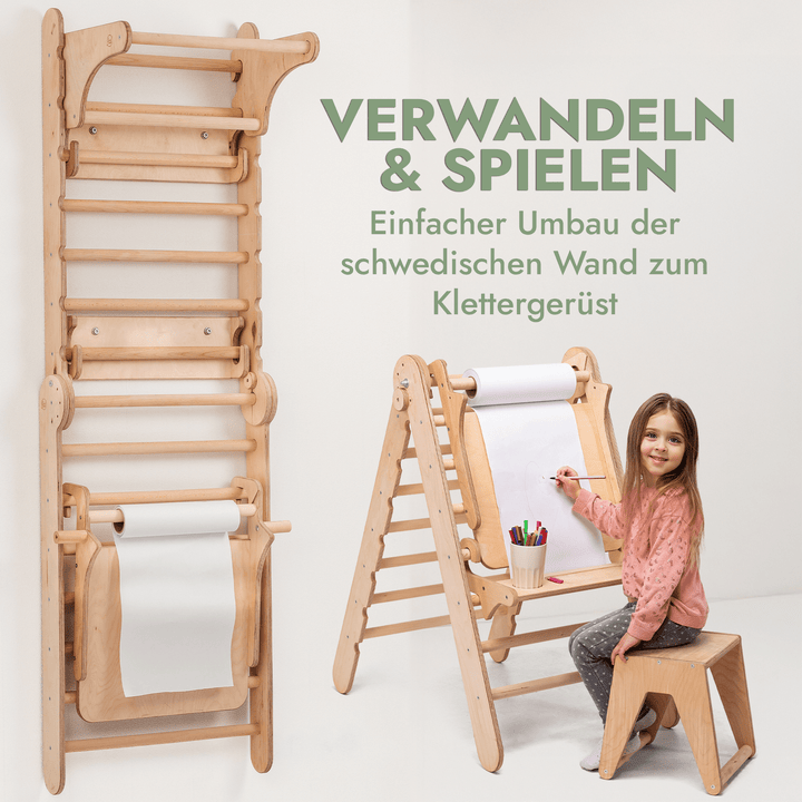 8in1 Kletterwand Indoor: Sprossenwand, Gymnastikringe, Hängende Leiter, Disc - Schaukel, Rutsche, Klimmzugstange, Maltafel und Kinderstuhl für Kinder – Beige - Goodevas Deutschland