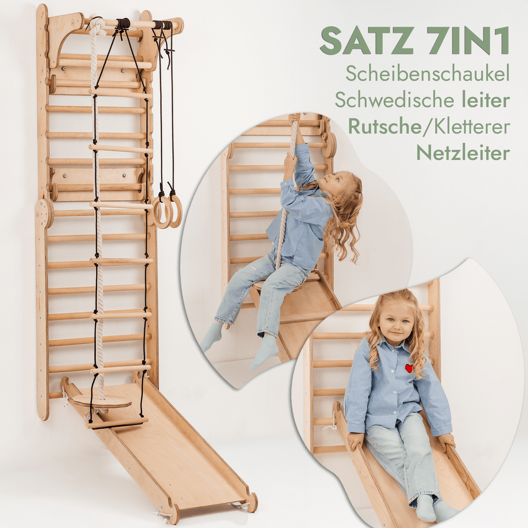 8in1 Kletterwand Indoor: Sprossenwand, Gymnastikringe, Hängende Leiter, Disc - Schaukel, Rutsche, Klimmzugstange, Maltafel und Kinderstuhl für Kinder – Beige - Goodevas Deutschland