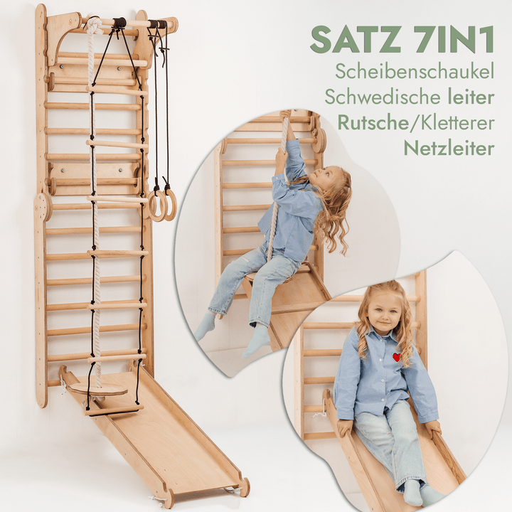 8in1 Kletterwand Indoor: Sprossenwand, Gymnastikringe, Hängende Leiter, Disc - Schaukel, Rutsche, Klimmzugstange, Maltafel und Kinderstuhl für Kinder – Beige - Goodevas Deutschland