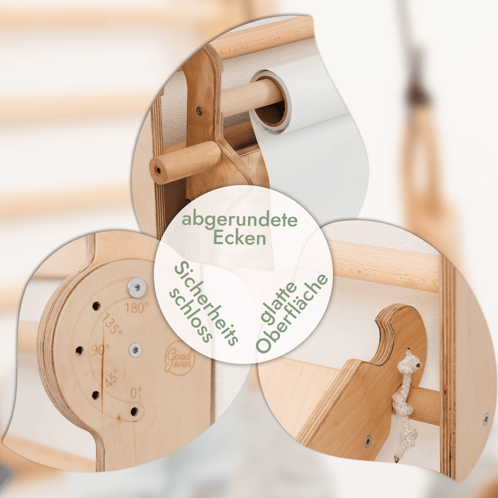 8in1 Kletterwand Indoor: Sprossenwand, Gymnastikringe, Hängende Leiter, Disc - Schaukel, Rutsche, Klimmzugstange, Maltafel und Kinderstuhl für Kinder – Beige - Goodevas Deutschland