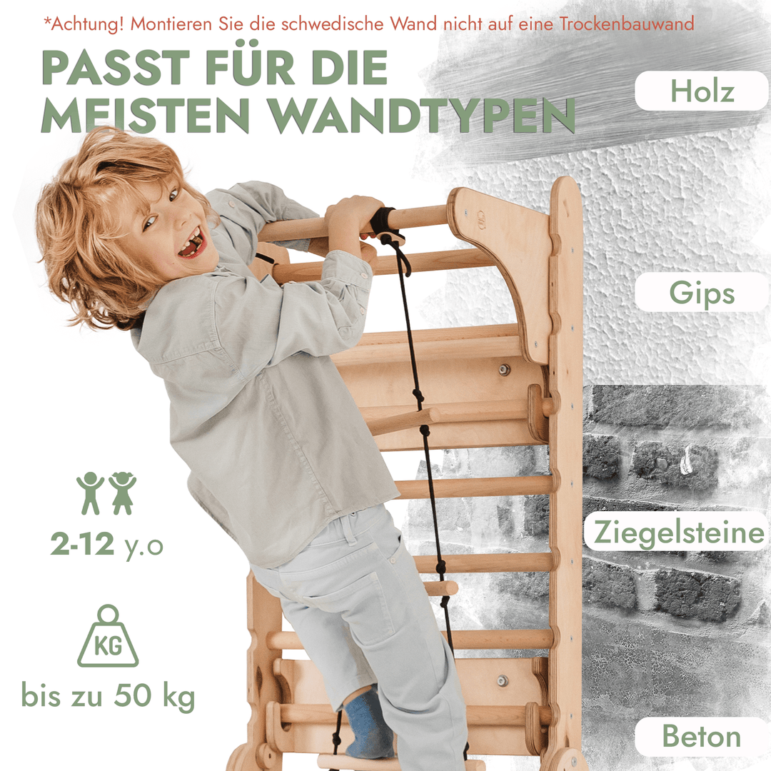 8in1 Kletterwand Indoor: Sprossenwand, Gymnastikringe, Hängende Leiter, Disc - Schaukel, Rutsche, Klimmzugstange, Maltafel und Kinderstuhl für Kinder – Beige - Goodevas Deutschland