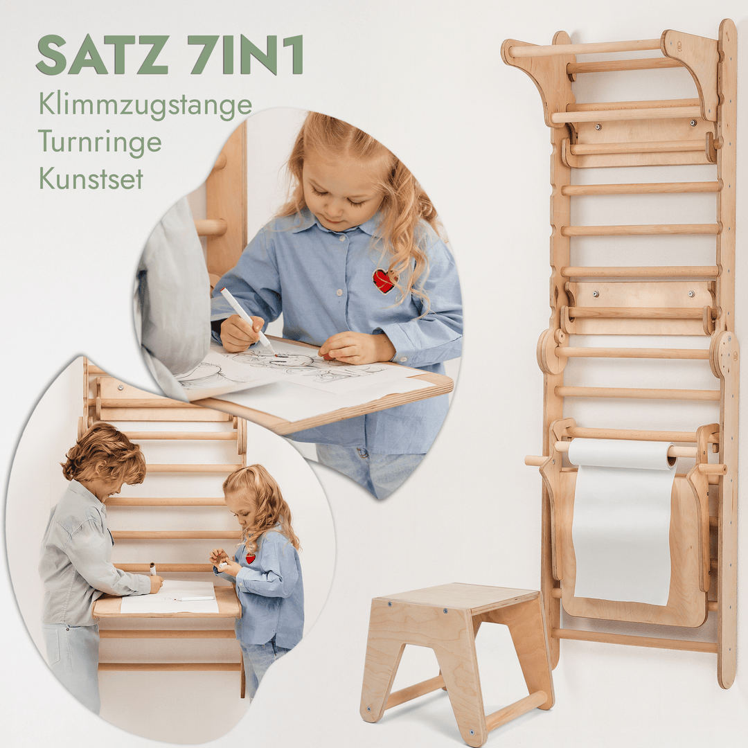 8in1 Kletterwand Indoor: Sprossenwand, Gymnastikringe, Hängende Leiter, Disc - Schaukel, Rutsche, Klimmzugstange, Maltafel und Kinderstuhl für Kinder – Beige - Goodevas Deutschland