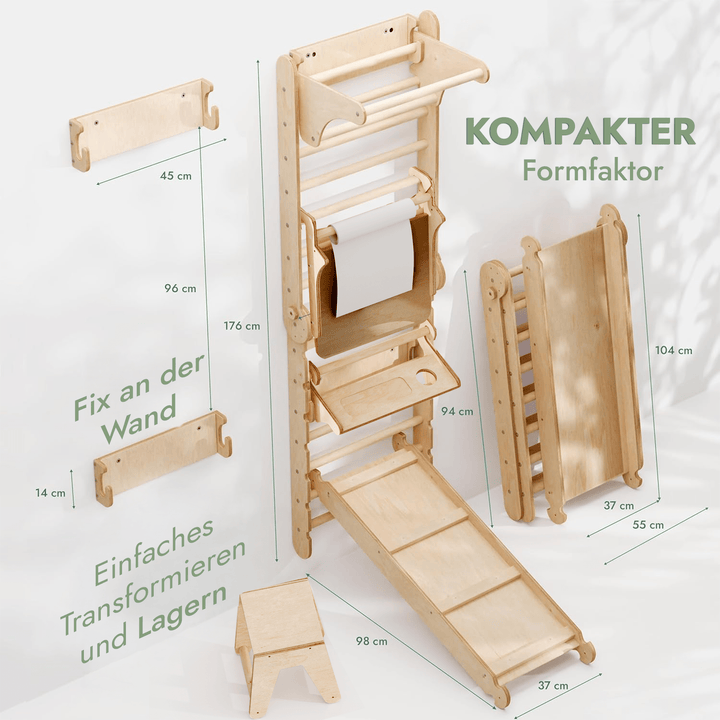 8in1 Kletterwand Indoor: Sprossenwand, Gymnastikringe, Hängende Leiter, Disc - Schaukel, Rutsche, Klimmzugstange, Maltafel und Kinderstuhl für Kinder – Beige - Goodevas Deutschland