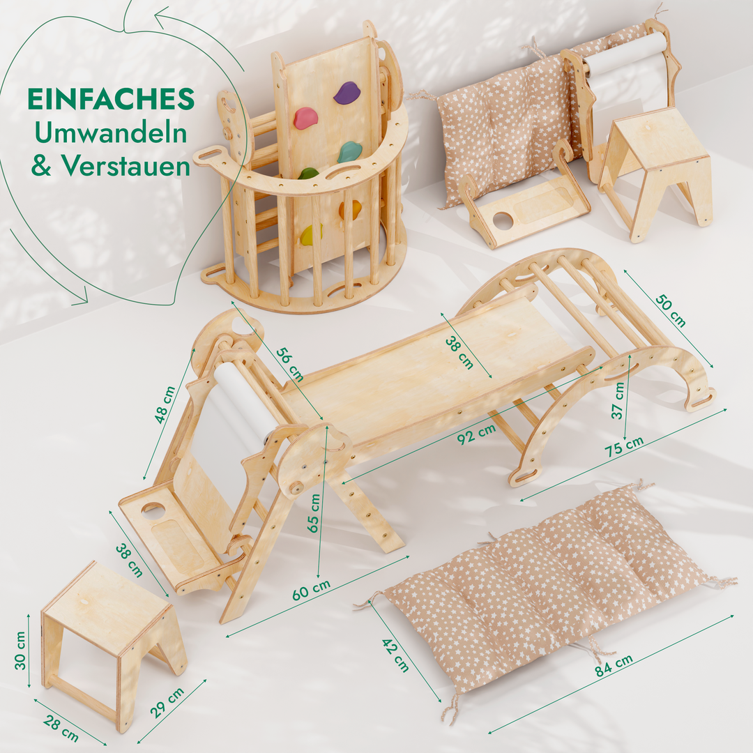 Montessori 5in1 Kletterdreieck für Babys: Pikler-Dreieck, Kletterbogen, Kunst-Erweiterung ,Rutschbrett und Kissen für Kleinkinder (1–3 Jahre)