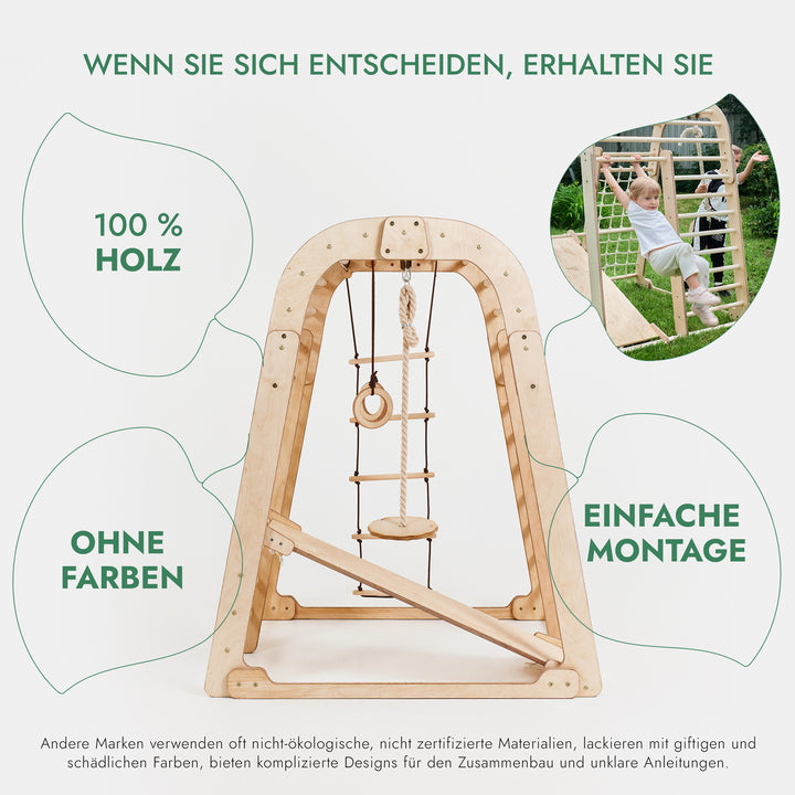 6in1 Indoor Spielplatz für Kinder: Klettergerüst mit Kletternetz, Rutsche, Gymnastikringe, Hängende Leiter und Disc-Schaukel – Beige