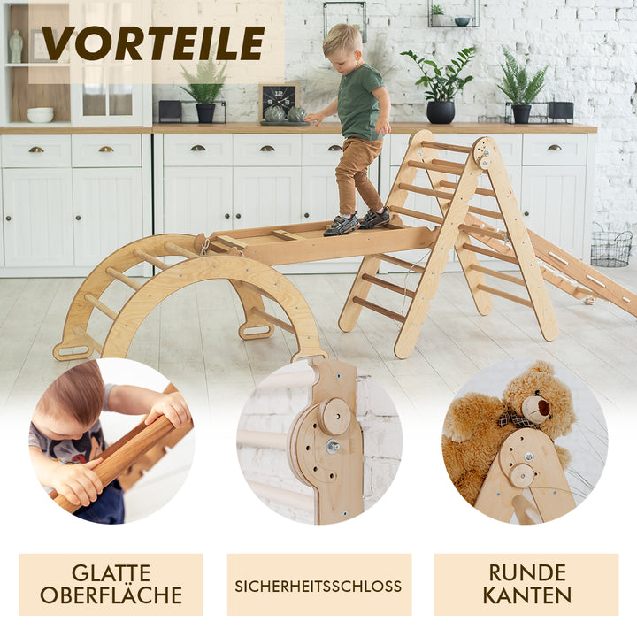 4in1 Montessori Klettergerüst Set: Kletterdreieck mit Rutsche, Kletterbogen, Kletternetz, für Kinder 1-7 Jahre – Beige