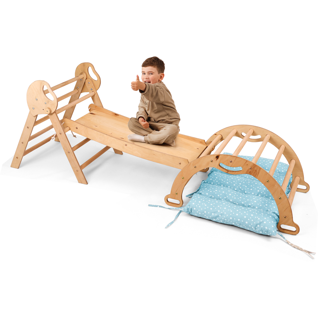 Montessori 4in1 Kletterdreieck für Babys: Pikler-Dreieck, Kletterbogen, Rutschbrett und Kissen für Kleinkinder (1–3 Jahre)