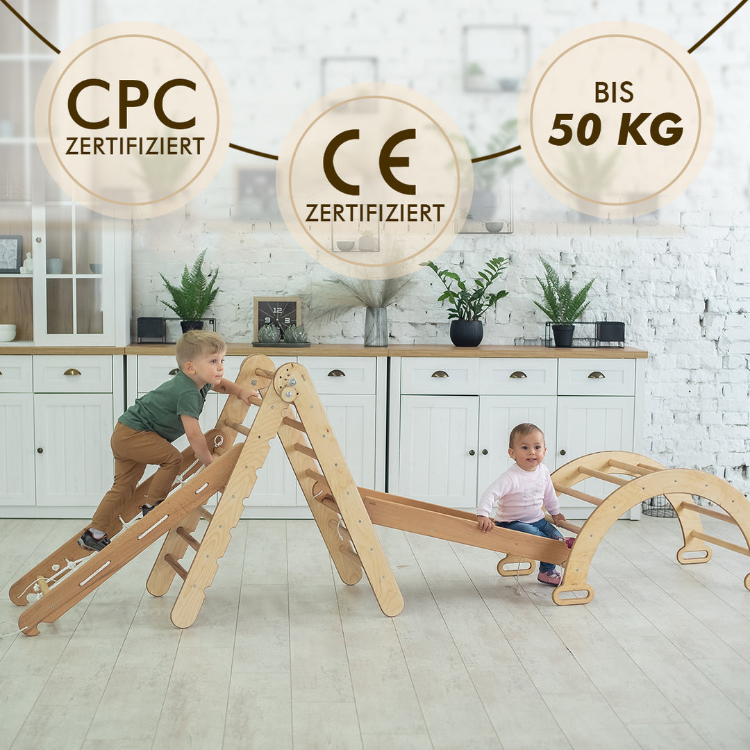 4in1 Montessori Klettergerüst Set: Kletterdreieck mit Rutsche, Kletterbogen, Kletternetz, für Kinder 1-7 Jahre – Beige