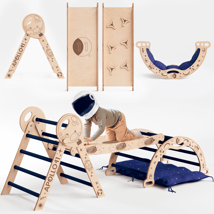 Apollo 4in1 Kletterset: Pikler - Dreieck, Kletterbogen, Rutschbrett und Kissen für kleine Kleinkind - Astronauten - Goodevas Deutschland