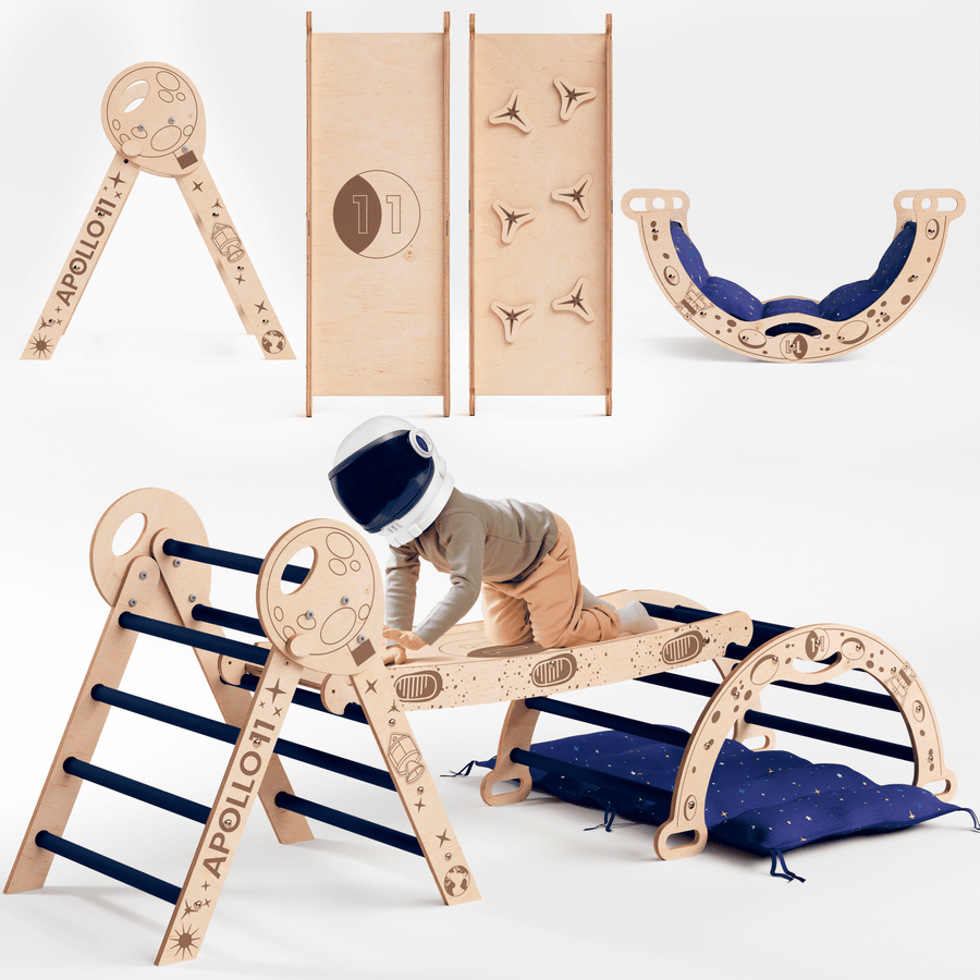 Apollo 4in1 Kletterset: Pikler - Dreieck, Kletterbogen, Rutschbrett und Kissen für kleine Kleinkind - Astronauten - Goodevas Deutschland