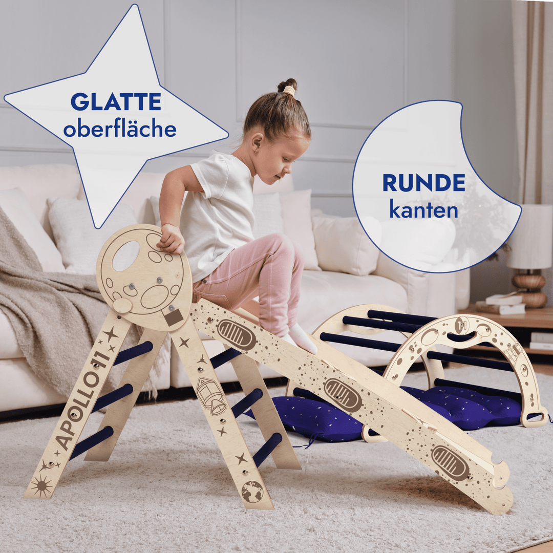 Apollo 4in1 Kletterset: Pikler - Dreieck, Kletterbogen, Rutschbrett und Kissen für kleine Kleinkind - Astronauten - Goodevas Deutschland
