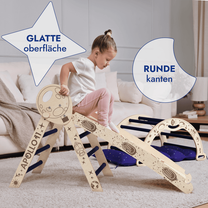 Apollo 4in1 Kletterset: Pikler - Dreieck, Kletterbogen, Rutschbrett und Kissen für kleine Kleinkind - Astronauten - Goodevas Deutschland