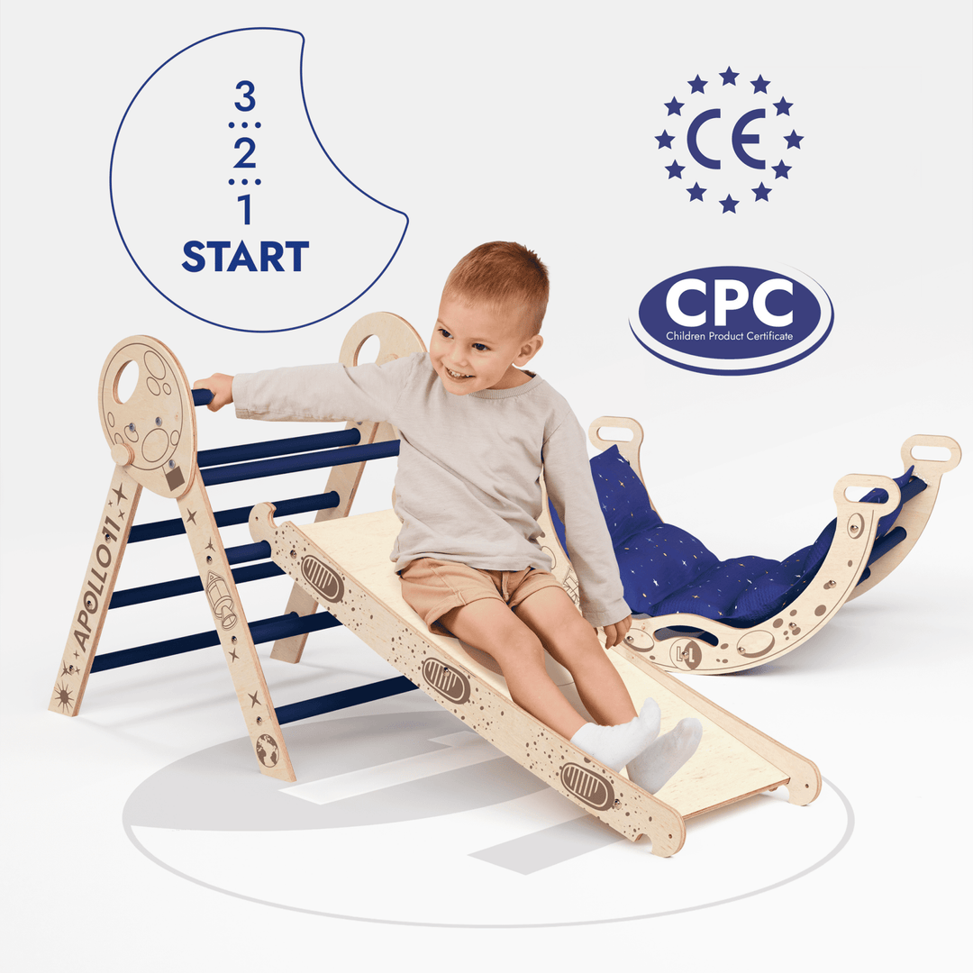 Apollo 4in1 Kletterset: Pikler - Dreieck, Kletterbogen, Rutschbrett und Kissen für kleine Kleinkind - Astronauten - Goodevas Deutschland