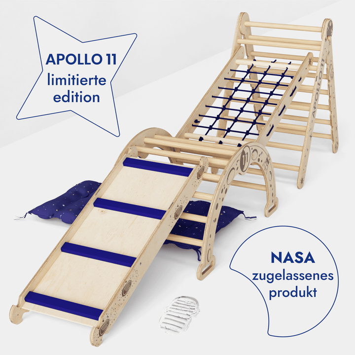 Apollo 5 - in - 1 Kletterset: Pikler - Dreieck, Kletterbogen, Rutschbrett, Kissen und Netz für kleine Astronauten - Goodevas Deutschland