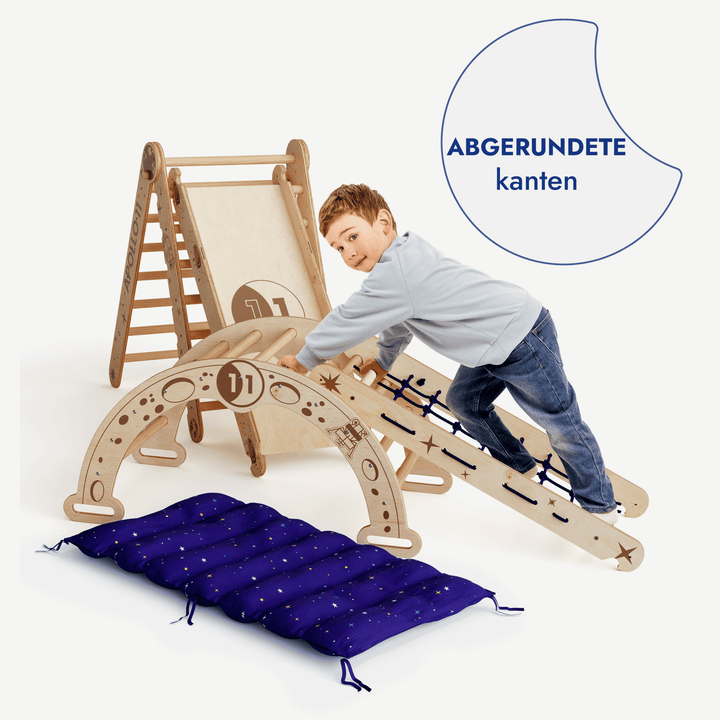 Apollo 5 - in - 1 Kletterset: Pikler - Dreieck, Kletterbogen, Rutschbrett, Kissen und Netz für kleine Astronauten - Goodevas Deutschland