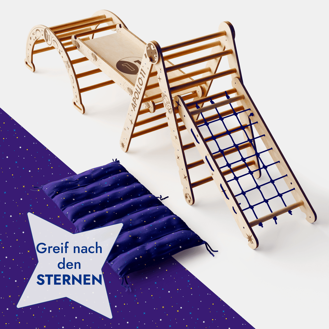 Apollo 5 - in - 1 Kletterset: Pikler - Dreieck, Kletterbogen, Rutschbrett, Kissen und Netz für kleine Astronauten - Goodevas Deutschland
