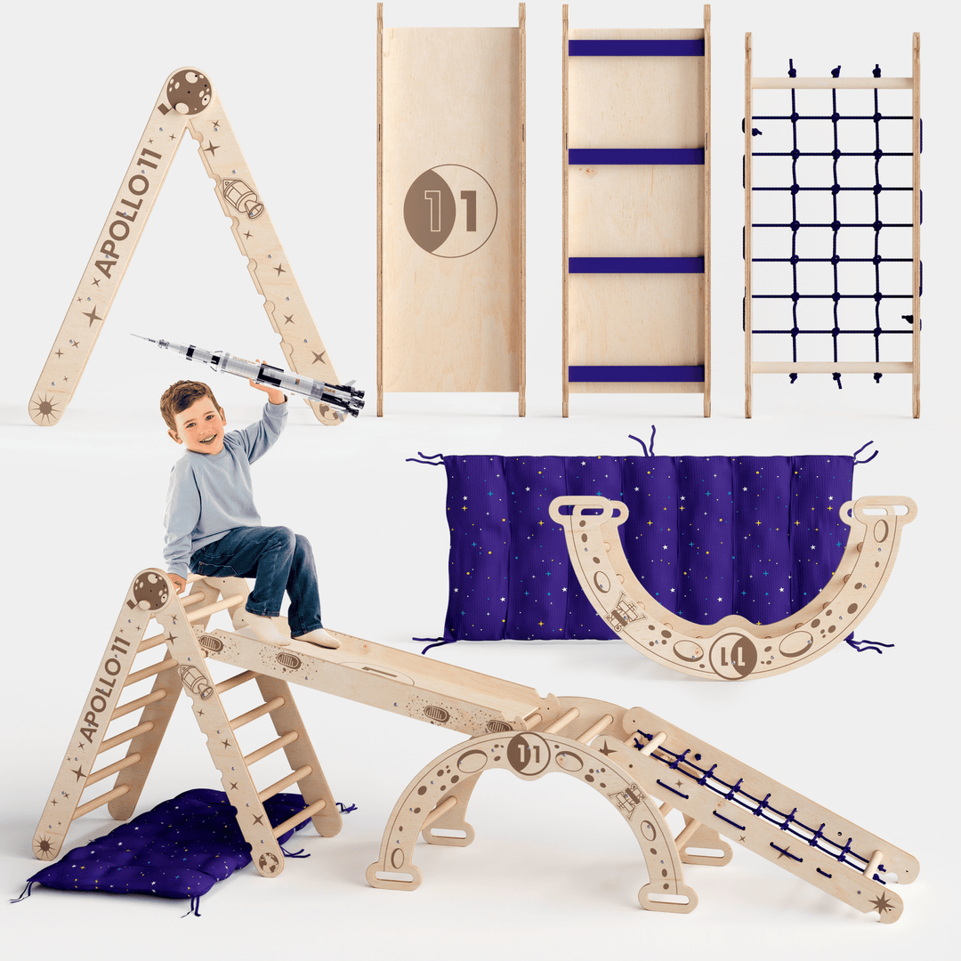 Apollo 5 - in - 1 Kletterset: Pikler - Dreieck, Kletterbogen, Rutschbrett, Kissen und Netz für kleine Astronauten - Goodevas Deutschland