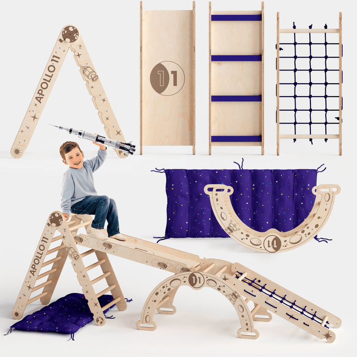 Apollo 5 - in - 1 Kletterset: Pikler - Dreieck, Kletterbogen, Rutschbrett, Kissen und Netz für kleine Astronauten - Goodevas Deutschland