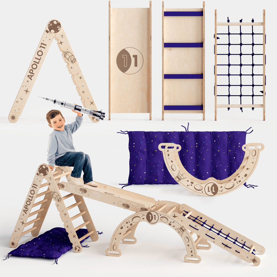 Apollo 5 - in - 1 Kletterset: Pikler - Dreieck, Kletterbogen, Rutschbrett, Kissen und Netz für kleine Astronauten - Goodevas Deutschland