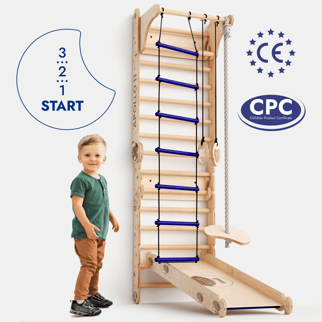 Apollo Schwedische Wand / Kletterleiter für kleine Astronauten + Mondschaukel - Set + Rutschbrett - Goodevas Deutschland