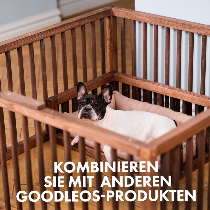 Hundebett aus Holz mit Kissen