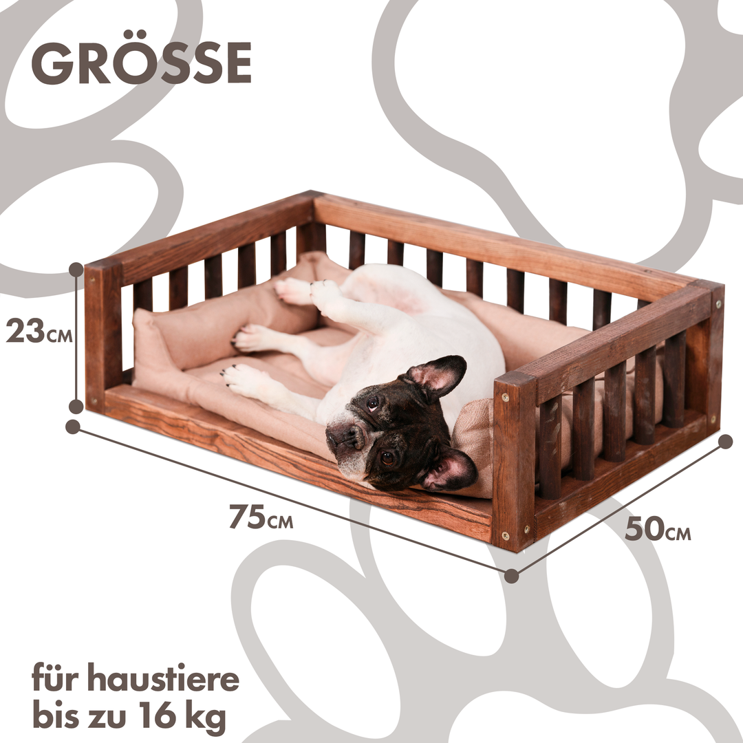 Hundebett aus Holz mit Kissen