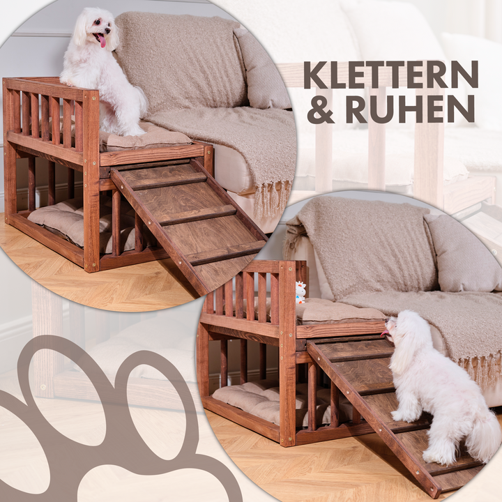 Hundebett-Plattform aus Holz mit zwei Kissen