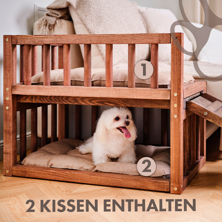 Hundebett-Plattform aus Holz mit zwei Kissen