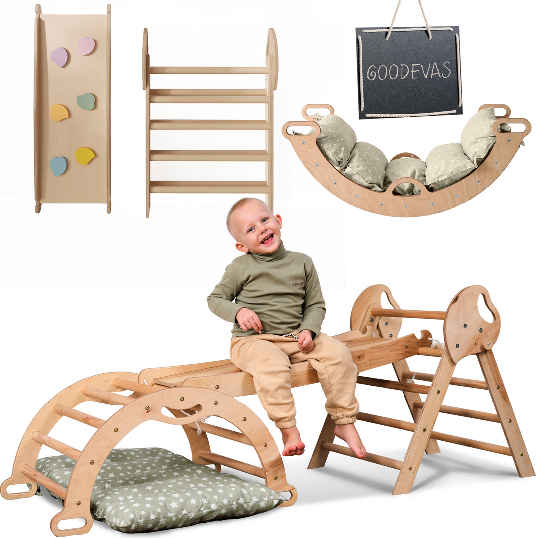 Montessori 4-in-1 Kletterdreieck für Babys: Pikler-Dreieck, Kletterbogen, Rutschbrett und Kissen für Kleinkinder (1–3 Jahre)