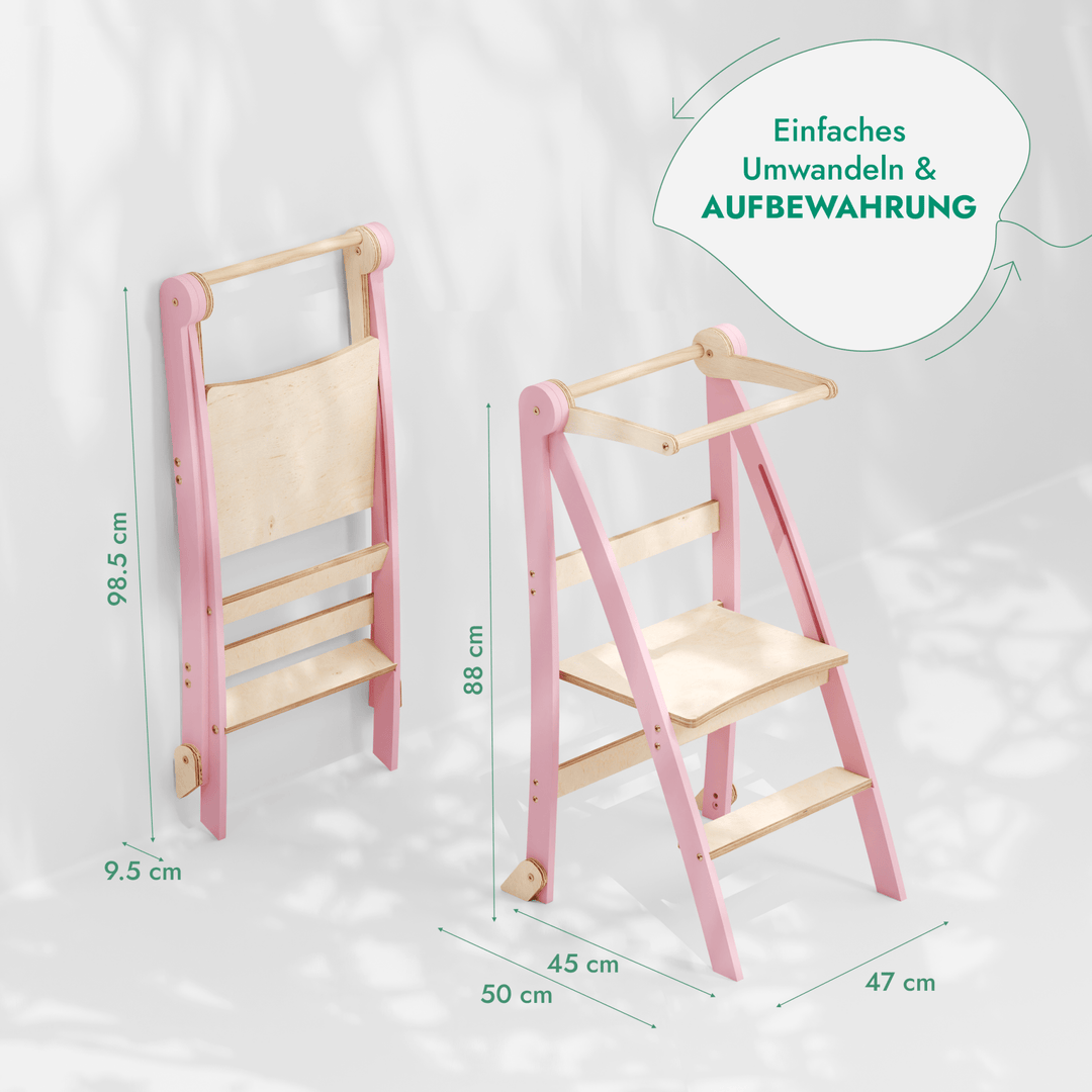 Holz Lernleiter Montessori: Multifunktionaler, klappbarer Lernturm für Kinder – Rosa - Goodevas DE