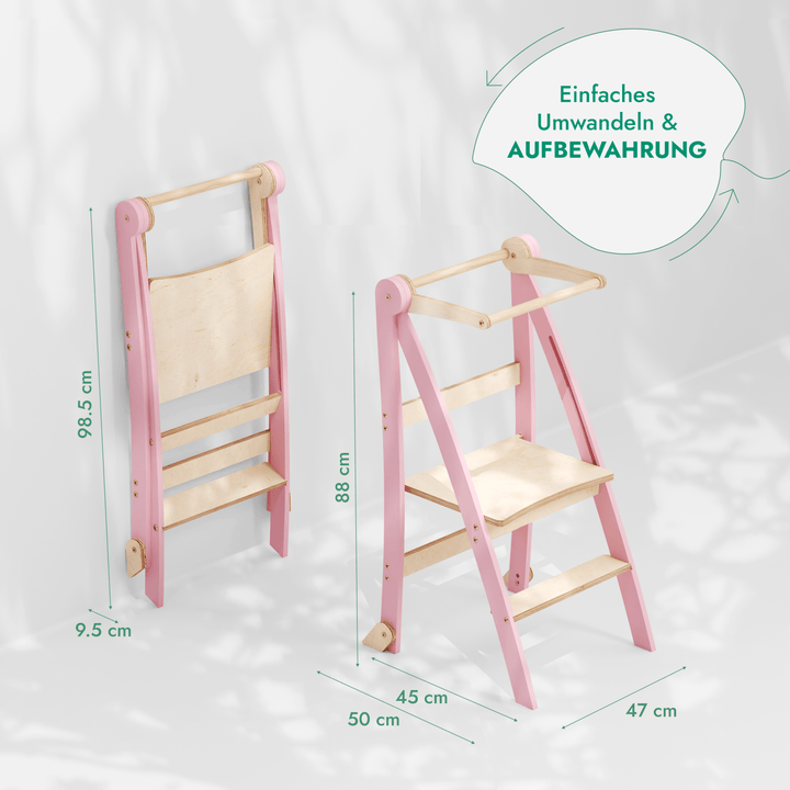 Holz Lernleiter Montessori: Multifunktionaler, klappbarer Lernturm für Kinder – Rosa - Goodevas DE