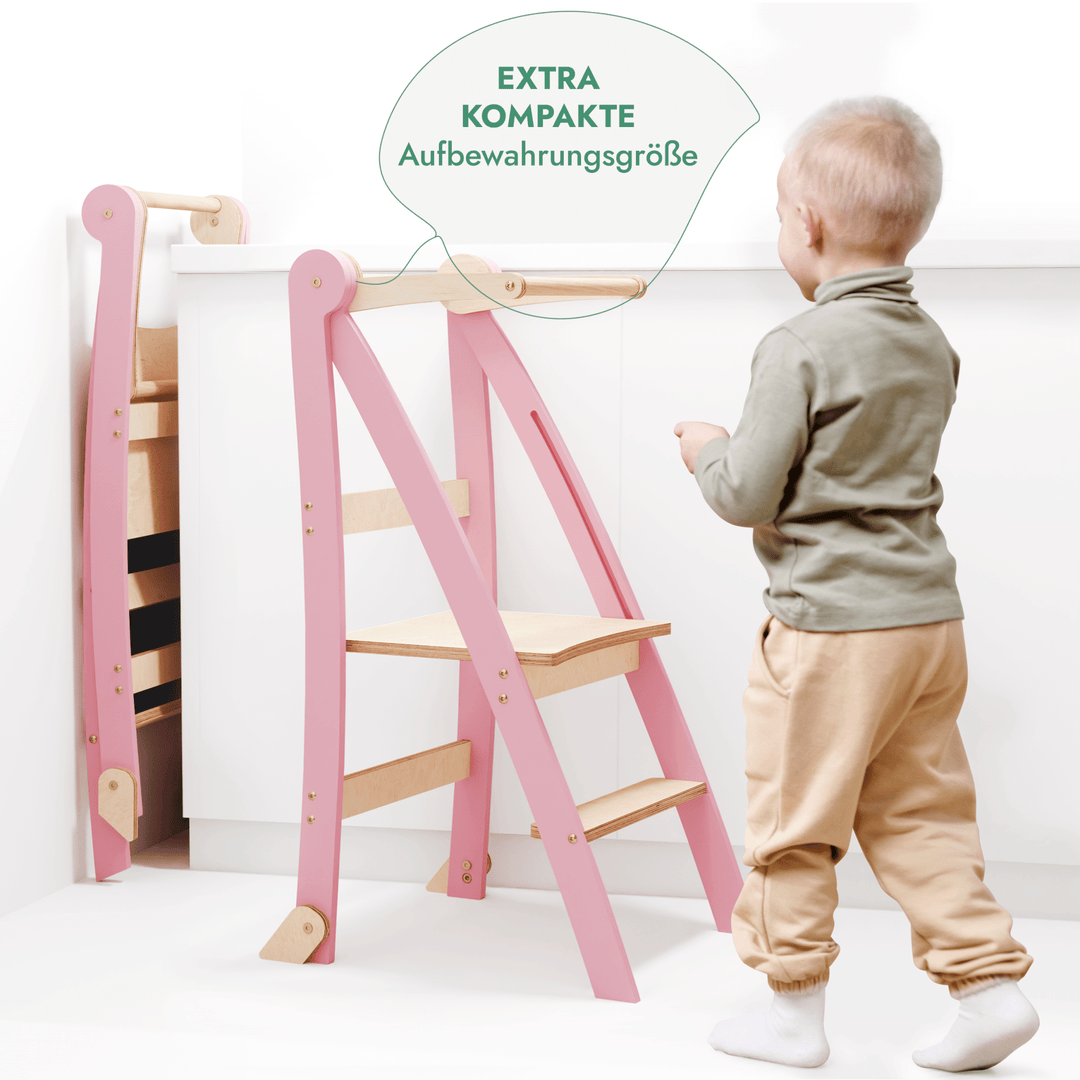 Holz Lernleiter Montessori: Multifunktionaler, klappbarer Lernturm für Kinder – Rosa - Goodevas DE
